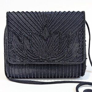 La Regale Vintage Black Satin Beaded Evening Shoulder Crossbody Art Deco Purse